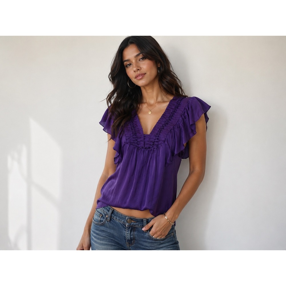 Adiva Purple Satin Ruffle V-Neck Smocked Blouse Top Medium Womens